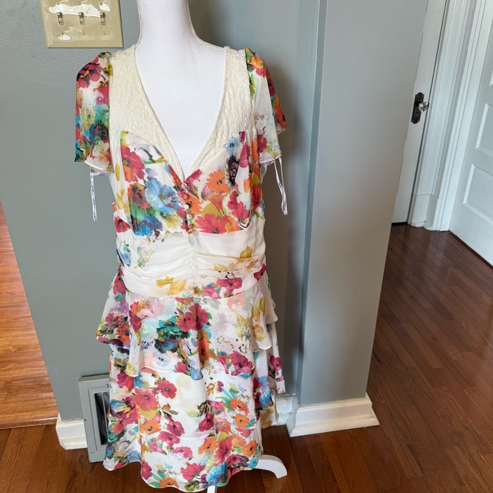 City Chic Cream Floral Ruffle and Lace Midi Dress, Medium/18W wedding summer